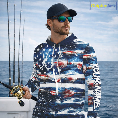 Fishing Lure American Flag Custom Long Sleeve Hooded Performance Fishing Shirts, Team Fishing Jerseys NBT940