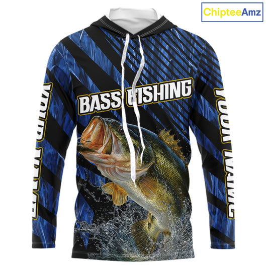 Personalized Reed Camo Bass Fishing Long Sleeve Hooded Shirts, Custom Bass Tournament Jerseys|Blue NBT348