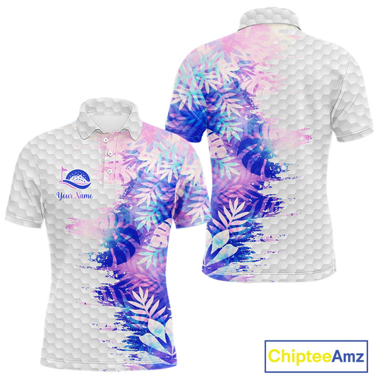 Mens Golf Polo Shirts Custom Hologram Tropical Leaves Golf Shirts, Mens Golf Tops NBT544