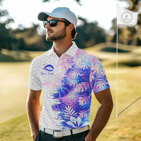 Mens Golf Polo Shirts Custom Hologram Tropical Leaves Golf Shirts, Mens Golf Tops NBT544