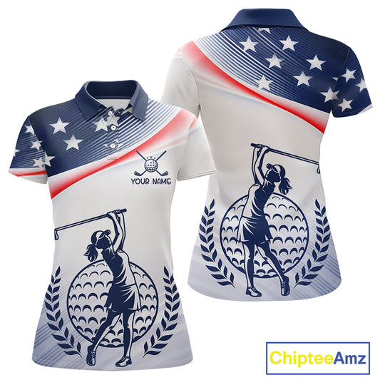 American Flag White Womens Golf Polo Shirts Custom Patriotic Womens Golf Top, Golf Gifts NBT547