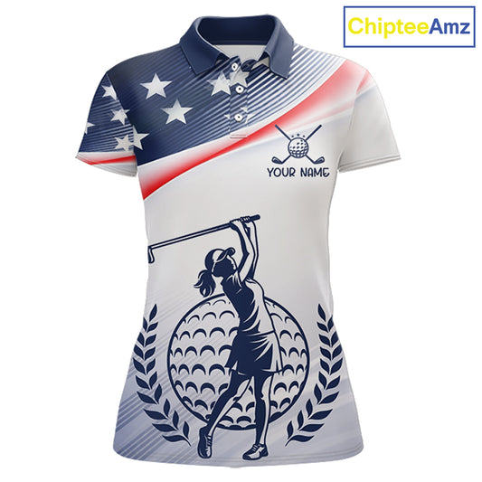 American Flag White Womens Golf Polo Shirts Custom Patriotic Womens Golf Top, Golf Gifts NBT547