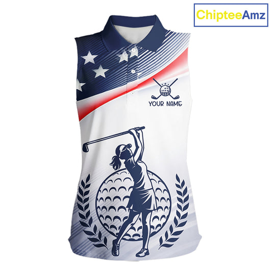 American Flag White Women Sleeveless Golf Polo Shirts Custom Patriotic Womens Golf Top, Golf Gifts NBT547