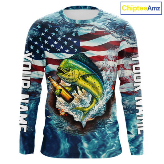 American Flag Mahi Mahi (Dorado) Fishing Custom Name Blue Water Camo Long Sleeve Fishing Shirt NBT689