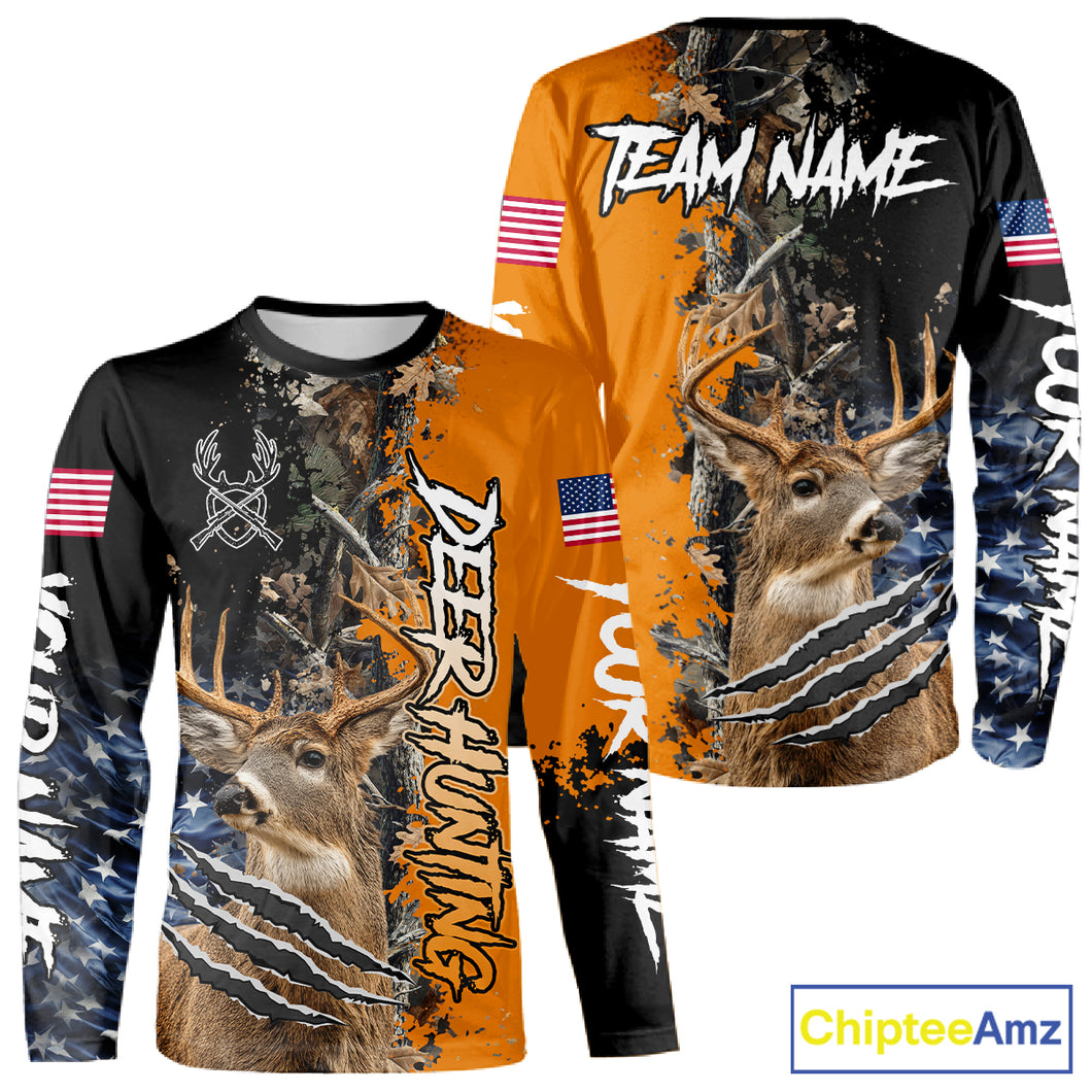 Whitetail Deer Hunting Orange Forest Camo US Flag Shirts, Personalized Hunting Shirt NBT258
