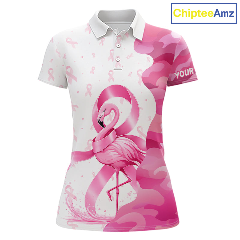 Front views of a womens Breast Cancer Awareness flamingo and pink ribbon golf polo shirt, name text on the sleeve.