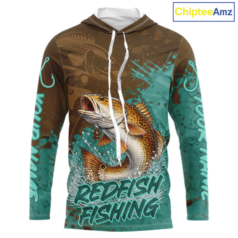 Personalized Redfish Long Sleeve Hooded Fishing Shirts Brown Turquoise Camo, Redfish Fishing Shirts For Men NBT396