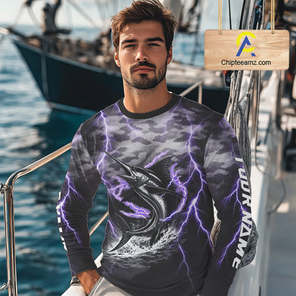 Thunder Lightning Swordfish Fishing Shirts Long Sleeve Black Camouflage, Saltwater Fishing Shirts NBT401