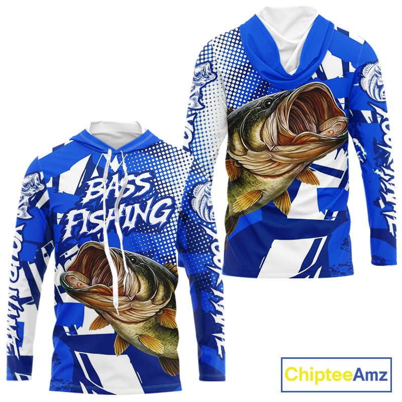 Blue Camo Largemouth Bass Long Sleeve Hooded Fishing Shirts, Bass Fishing Shirts For Men NBT442