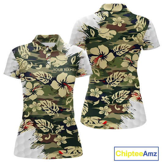 Green Camo Tropical Pattern Womens Golf Polo Shirts Custom Golf Outfit, Team Golf Shirt NBT698