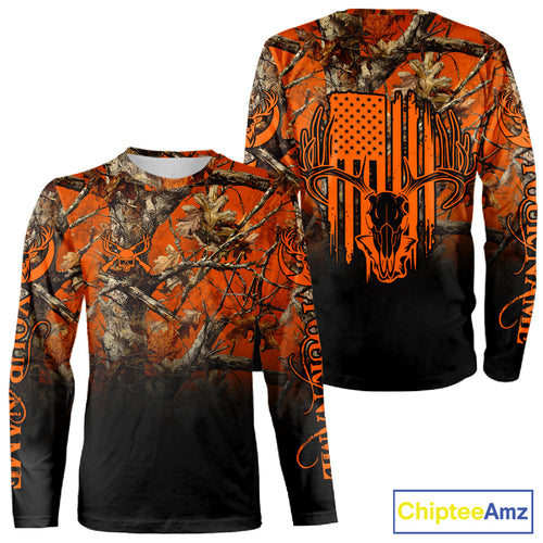 Best Orange Camouflage Deer Hunting Custom Name US Flag Shirts, Deer Hunting Clothes NBT93