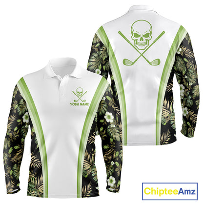 Custom Mens Golf Polo Shirts Funny Tropical Leaf Cross Skull Golf Clubs White Golf Shirt|Green NBT706