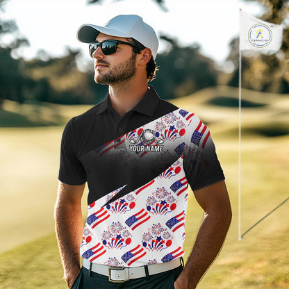 Patriotic USA mens golf polo shirt navy blue America 250th Anniversary front view