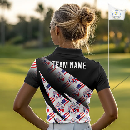 Woman wearing an America 250th Anniversary womens golf polo shirt and 'Team Name' text on the back, standing on a golf course.