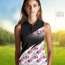 Load image into Gallery viewer, Patriotic USA womens sleeveless golf polo shirt navy blue America 250th Anniversary front view