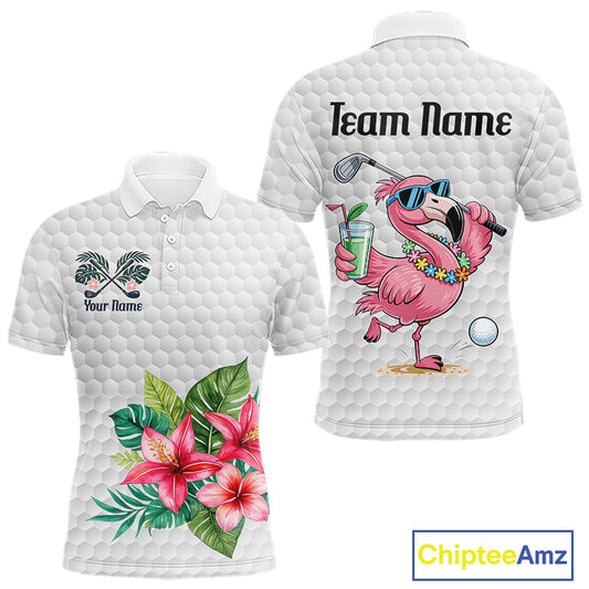 Golf Polo Shirts For Men Funny Flamingo Golf Ball Pattern Custom Name, Golf Gifts NBT566
