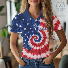 Load image into Gallery viewer, Woman wearing American flag tie dye womens golf polo shirt front view with custom name on the chest