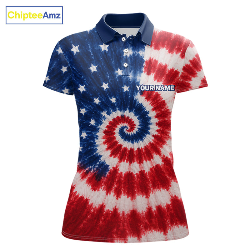 Front view of American flag tie dye womens golf polo shirt with custom name on the chest