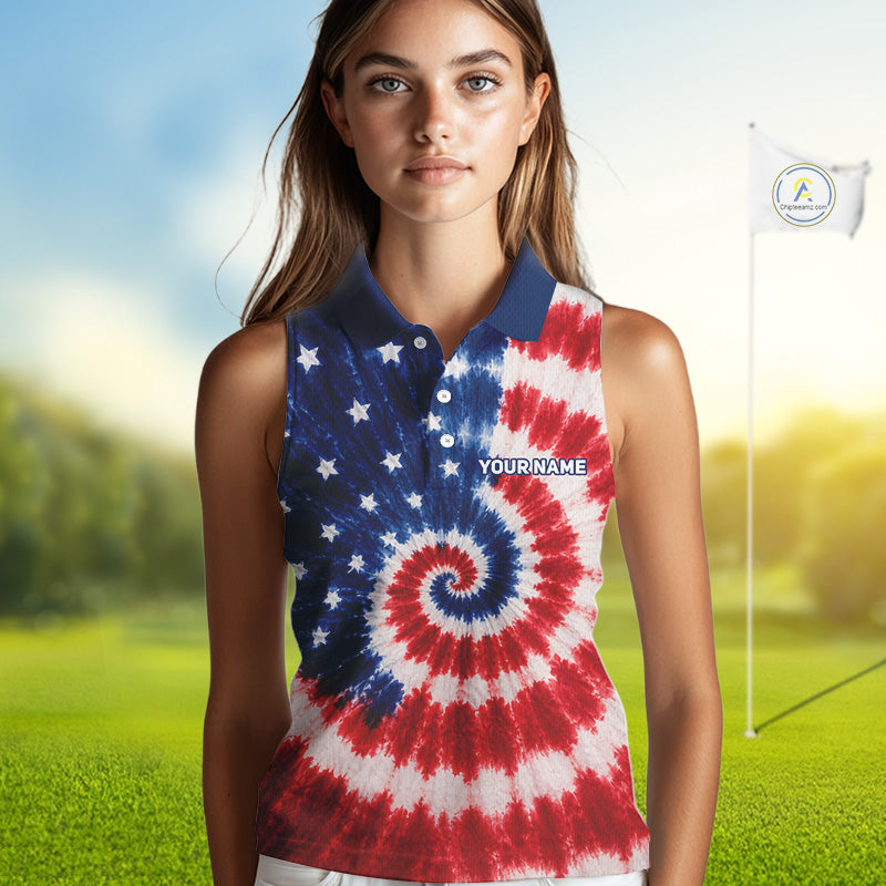 Man wearing American flag tie dye womens sleeveless golf polo shirt front view on golf course with custom name on the chest
