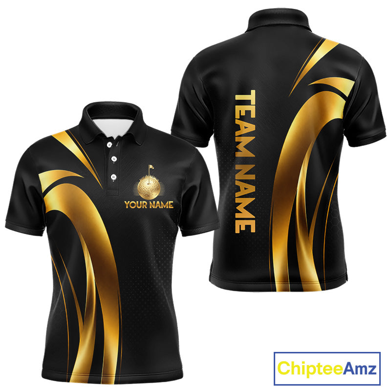 Front and back view of Black and Gold mens golf polo shirt with custom golf clubs design with personalized name