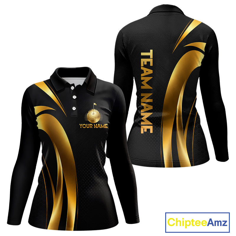 Front and back view of Black and Gold womens long sleeve golf polo shirt with custom golf clubs design