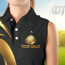 Load image into Gallery viewer, Close-up of golf clubs graphic on Black and Gold womens sleeveless golf polo