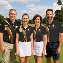 Load image into Gallery viewer, Four people in matching golf outfits on a golf course with a flag in the background.