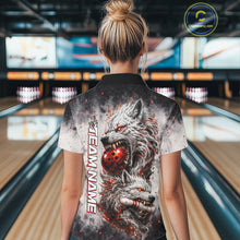 Load image into Gallery viewer, Back view of custom black and gray wolf bowling quarter zip bowling jersey for women