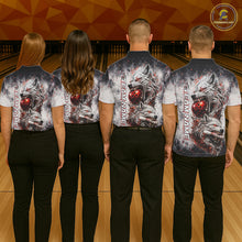 Load image into Gallery viewer, Bowling team wearing matching custom black and gray wolf bowling jerseys with personalized names