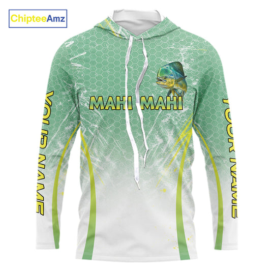 Mahi Mahi Fishing Shirt Long Sleeve Hooded Green Camo, Saltwater Fishing Shirts For Men NBT405