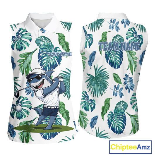 Funny Womens Sleeveless Golf Polo Shirt Tropical Pattern Custom Name Shark Playing Golf Shirt Funny Golf Apparel NBT715