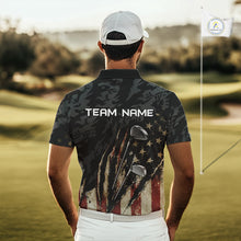 Load image into Gallery viewer, Man wearing American Flag Golf Clubs Camo Mens Polo Shirt with Team Name on the back