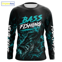 Load image into Gallery viewer, Front view of personalized bass fishing neon camo long sleeve shirt for men