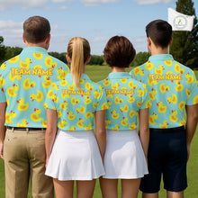Load image into Gallery viewer, Funny Rubber Duck Golf Shirt for team golf group - multiple golfers wearing cute yellow rubber duck Polo shirts, custom team name 