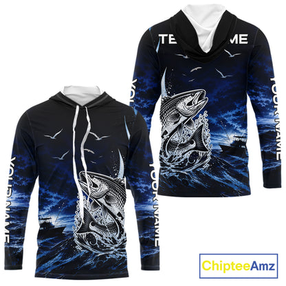 Front and back view of personalized Redfish Red Drum blue long sleeve hooded performance fishing shirt for offshore tournaments