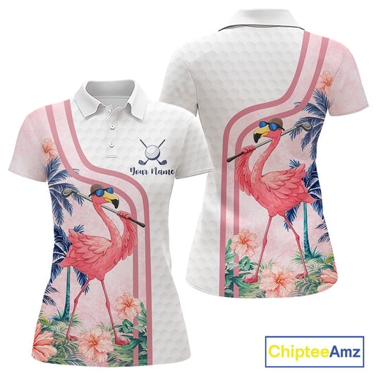 Funny Womens Golf Polo Shirts Custom Pink And White Tropical Flamingo Patter,White Golf Shirt NBT479