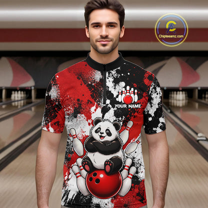 Bowler wearing funny black and red panda bowling 1/4 quarter zip shirt on the lanes