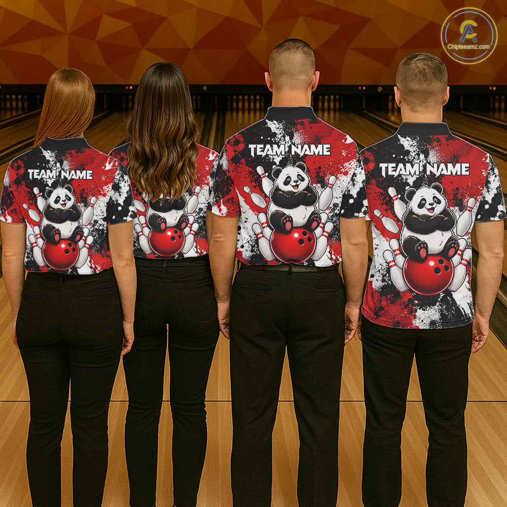 Funny Black And Red Panda Bowling Polo & Quarter Zip For Women, Custom Bowling Team Shirt Bowling Jersey NBT913