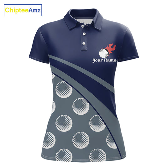 front view of funny golf balls pattern womens blue golf polo shirt for ladies