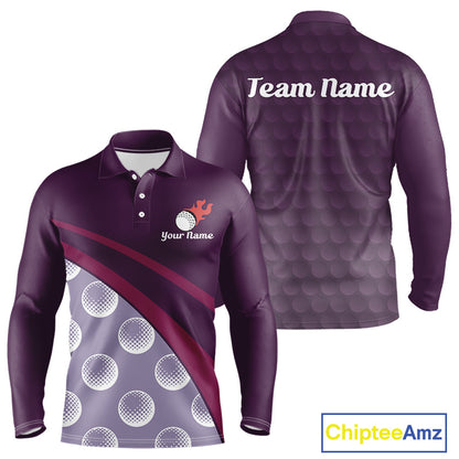 Funny golf balls pattern mens long sleeve golf polo shirt custom name - front view