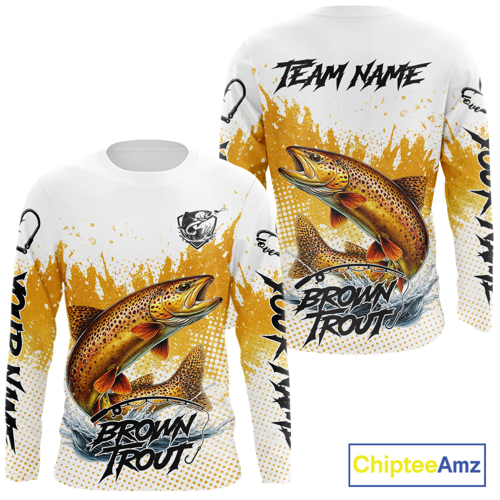 Custom Brown Trout Long Sleeve Fishing Shirts Yellow Camo Fishing Lures, Custom Fishing Jerseys NBT377