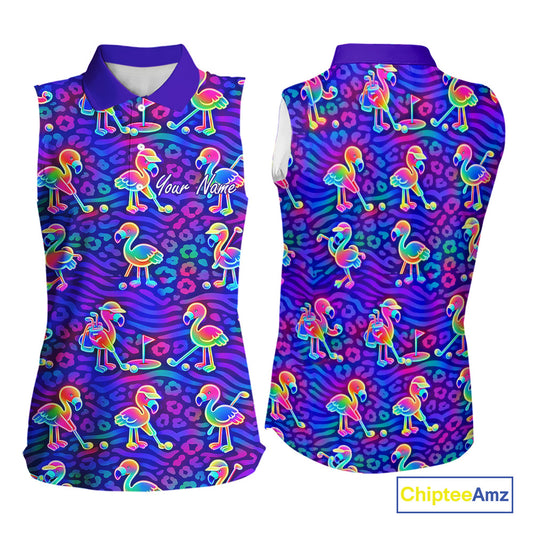 Colorful Neon Rainbow Leopard Flamingo Pattern Womens Sleeveless Polo Shirts, Custom Flamingo Golf Shirts NBT507