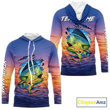 Load image into Gallery viewer, Front and back view Mahi Mahi Fishing Sunset custom long sleeve hooded fishing shirt, mahi mahi offshore fishing apparel with sunset mahi mahi graphic