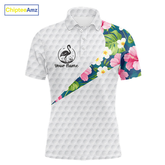 Funny Mens Golf Polo Shirt Custom Tropical Flamingo Pattern White Golf Shirts NBT521