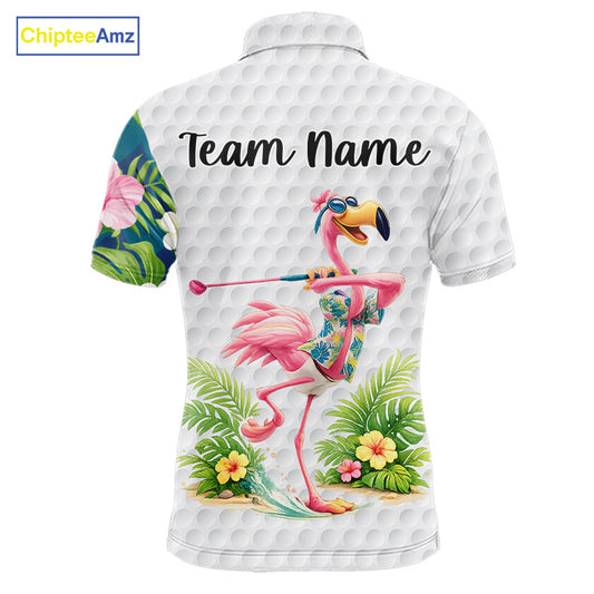 Funny Mens Golf Polo Shirt Custom Tropical Flamingo Pattern White Golf Shirts NBT521