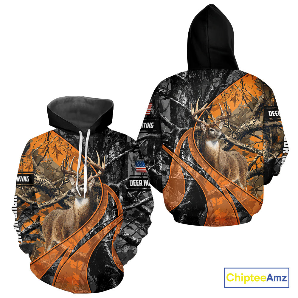 Whitetail Deer Hunting Orange and Black Camo Shirts with US Flag, Personalized Hunting Shirt NBT68