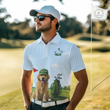 Load image into Gallery viewer, Man on a golf course wearing a white polo shirt with a dog and golfing equipment design.