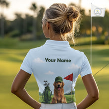 Load image into Gallery viewer, Person wearing a golf themed shirt with a dog and golf club design on a golf course.