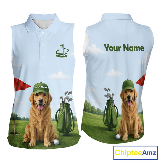 Sleeveless shirt with a golden retriever on a golf course design, customizable text