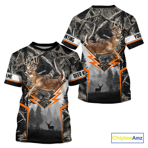 Jumping Whitetail Deer Hunting Dark Camo Custom Name 3D All Over Printed Shirts, Hunting Gifts NBT73